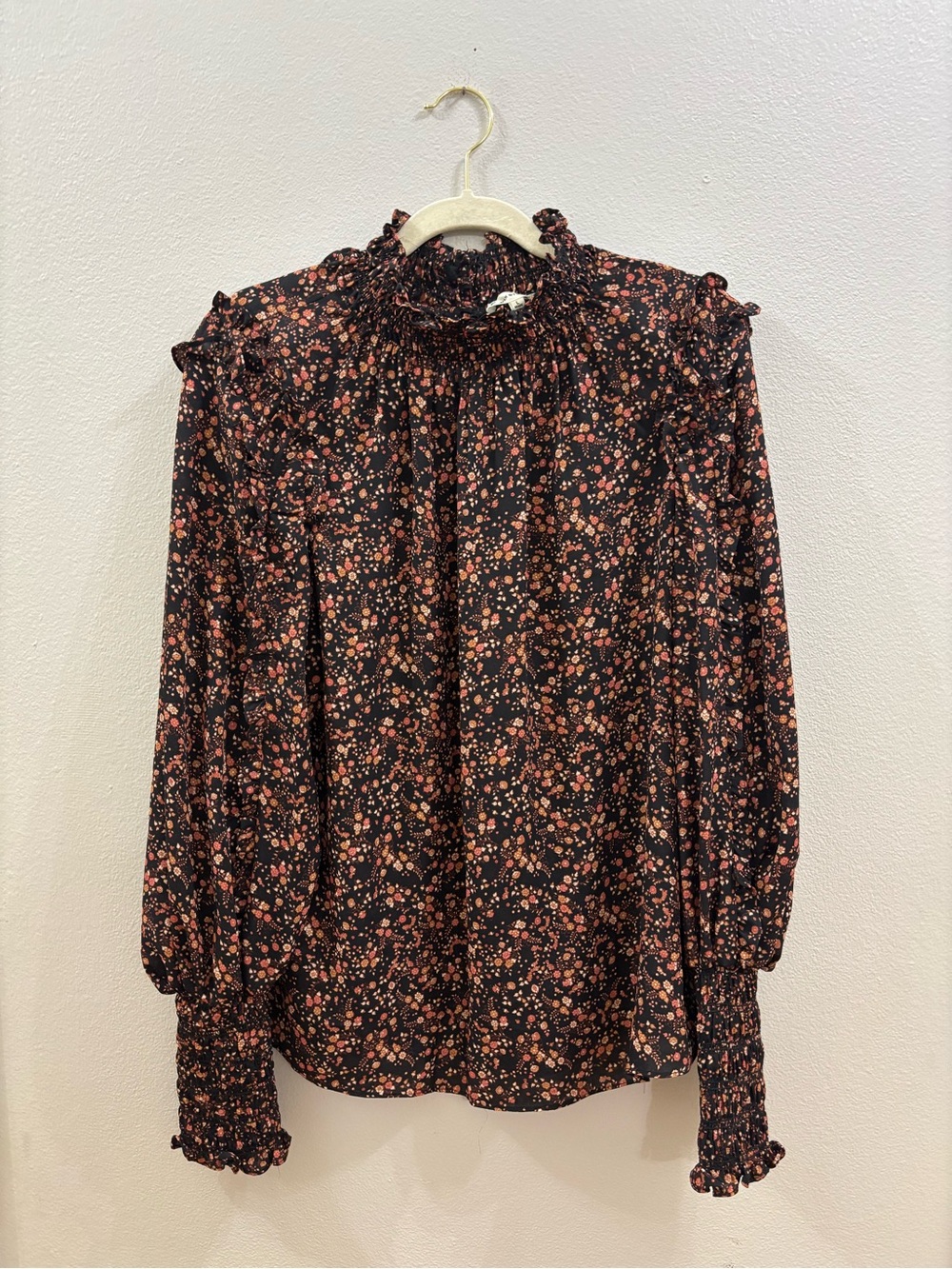 Max Studio Black Blouse with Coral and Pink Floral
